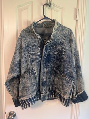 Men's Acid-Wash Denim Bomber Jacket - Distresses Blue